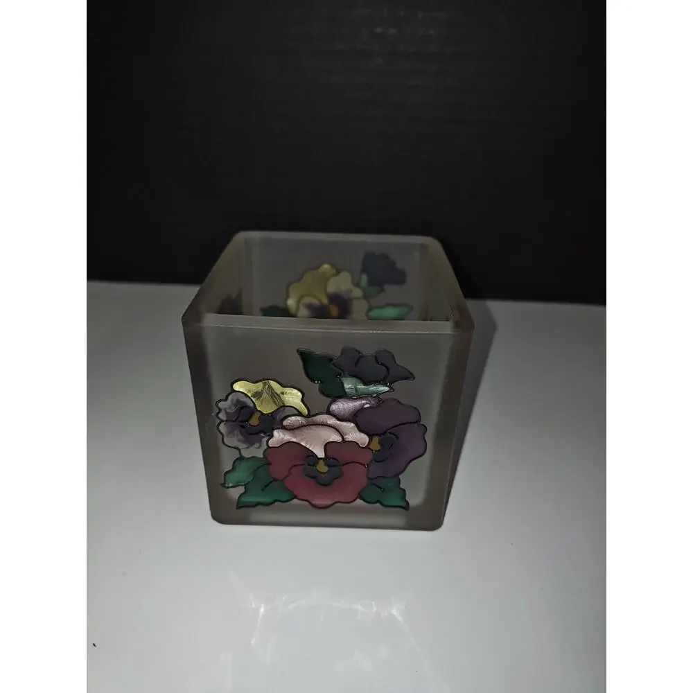 Vintage Joan Baker Designs Candle Holder Flowers Hand Painted Pansies Glass Deco